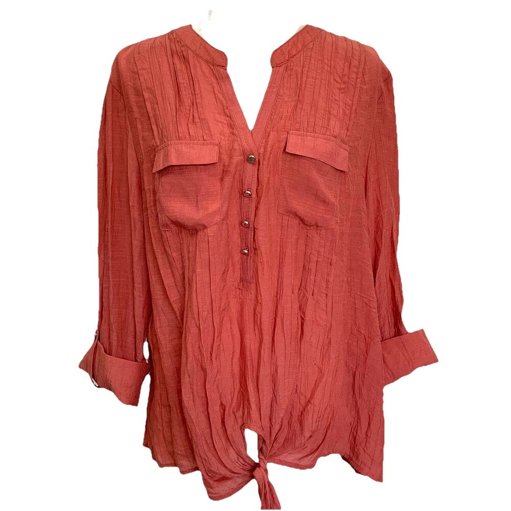 Cocomo Popover Tie Front Blouse Womens 2X Coral Pink 3/4 Sleeves Pintuck Pleated